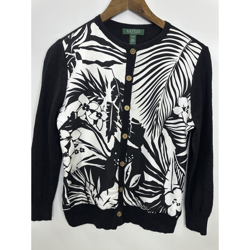 Lauren Ralph Lauren Silk Cashmere Tropical Floral Cardigan Black White Petite M - Picture 5 of 14